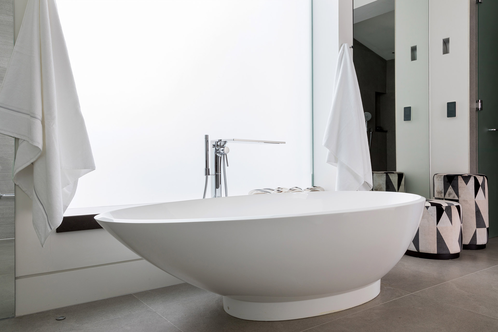 TBK Designed White & Grey Bathroom - White Freestanding Bath