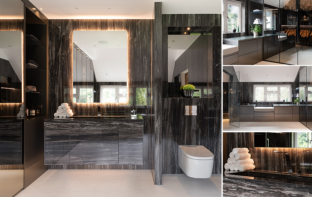 Black Marble En-Suite - Completed bathroom project with black and white marble effect porcelain tiles.