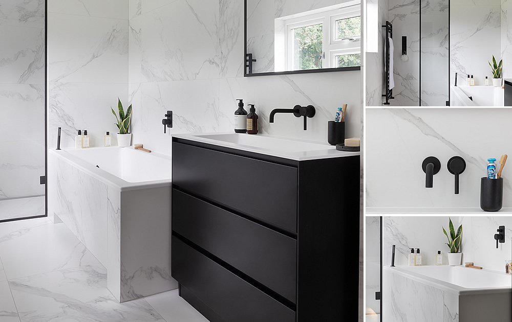 White Carrara Bathroom - Completed bathroom project with black vanity unit, shower, bath and white marble effect porcelain tiles.