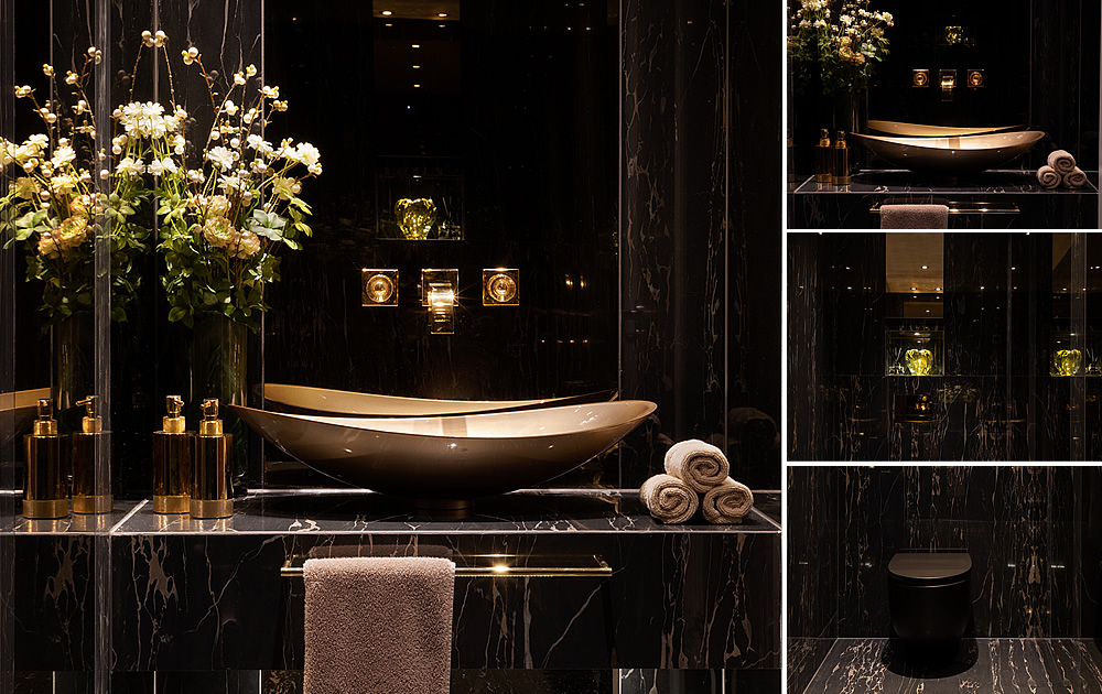 Gold Basin Cloakroom - Completed clockroom project with black WC and black marble effect porcelain tiles.