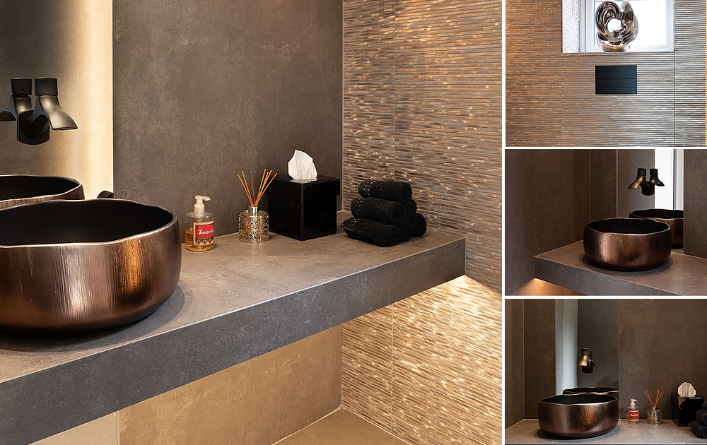 Bronze Basin Cloakroom - Completed clockroom project with bronze basin, black WC and silver grey porcelain tiles.