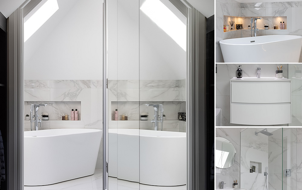 Loft Room En-suite Bathroom - Completed en-suite bathroom project with white glossy curved vanity unit, free standing bath, shower and white marble effect porcelain tiles.