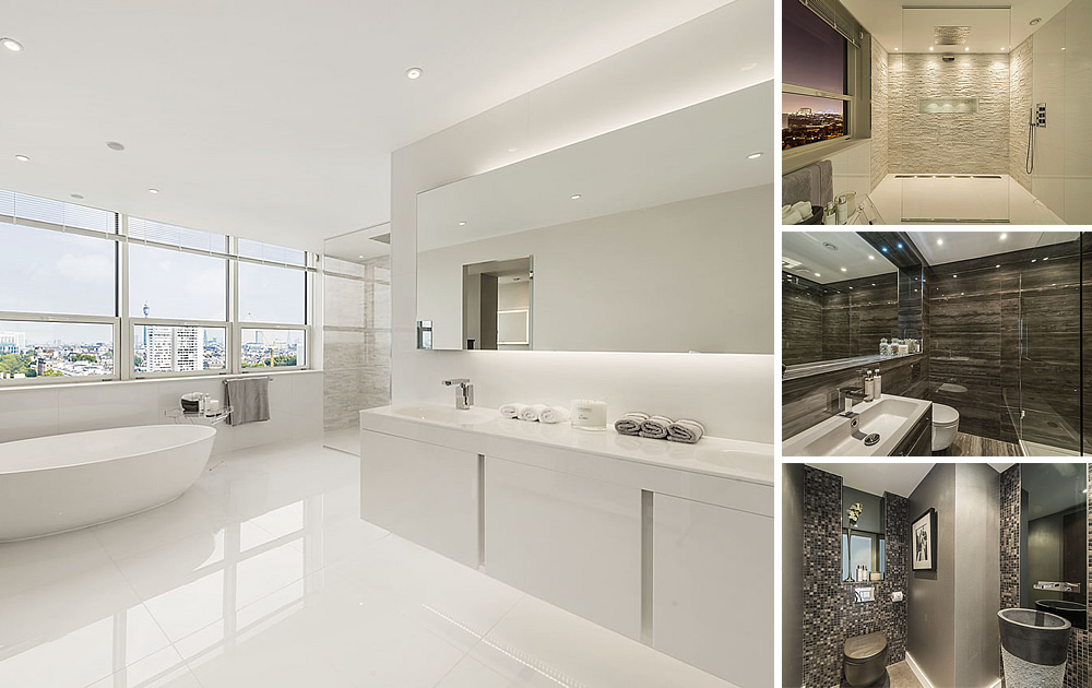 Iconic Penthouse Bathrooms - Iconic bathrooms, porcelain, glass and stone mosaic throughout a landmark building penthouse in Central London