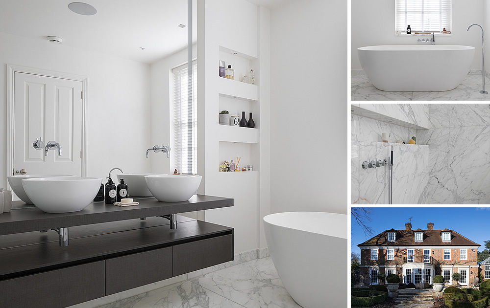 White/Marble Carrara Bathroom - Beautiful white bathroom with white marble carrara tiles, walk-in shower, waterfall head, freestanding bath,  Italian vanity unit and modern led lights